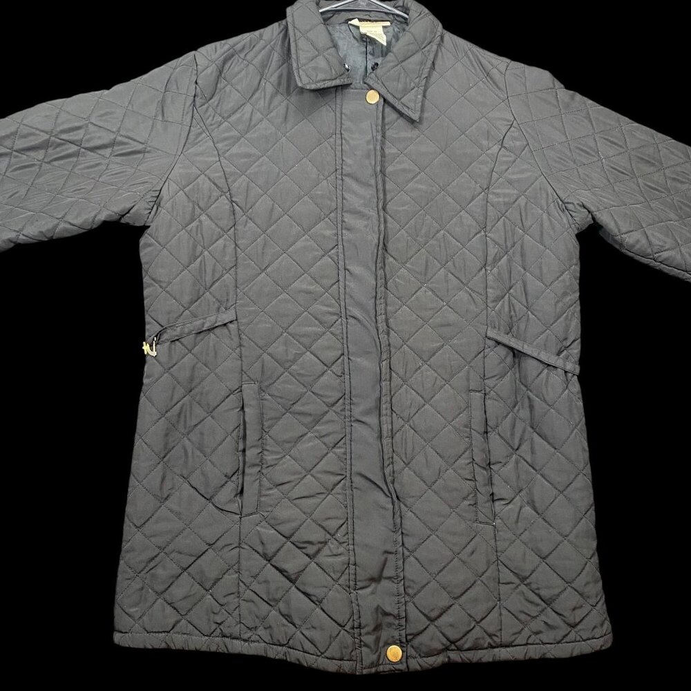 Millers Womens Black Quilted Coat Jacket Size 12 Gold Accents & Adjustable Waist